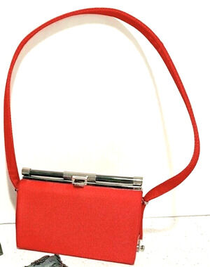 Red textured top handle evening bag dressy satin purse adjustable shoulder strap